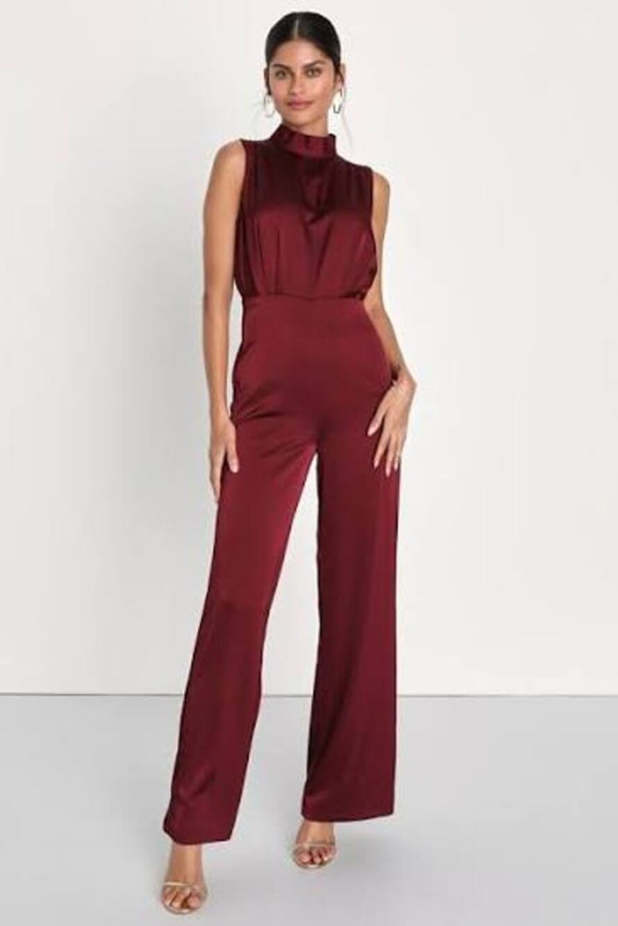 LULU'S Jumpsuit Classic Elegance Wine Red Satin Sleeveless Mock Neck Large L NWT